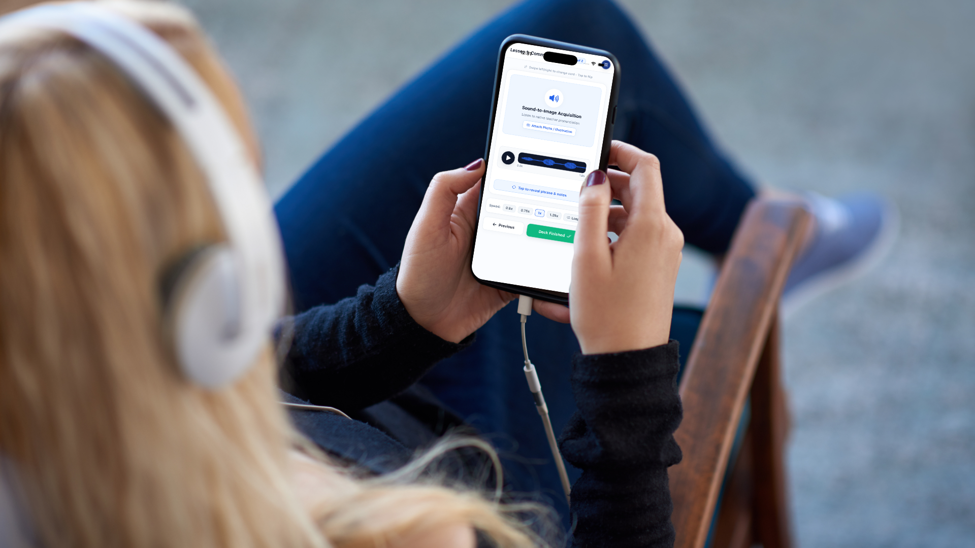 Language student reviewing flashcards on smartphone over the shoulder