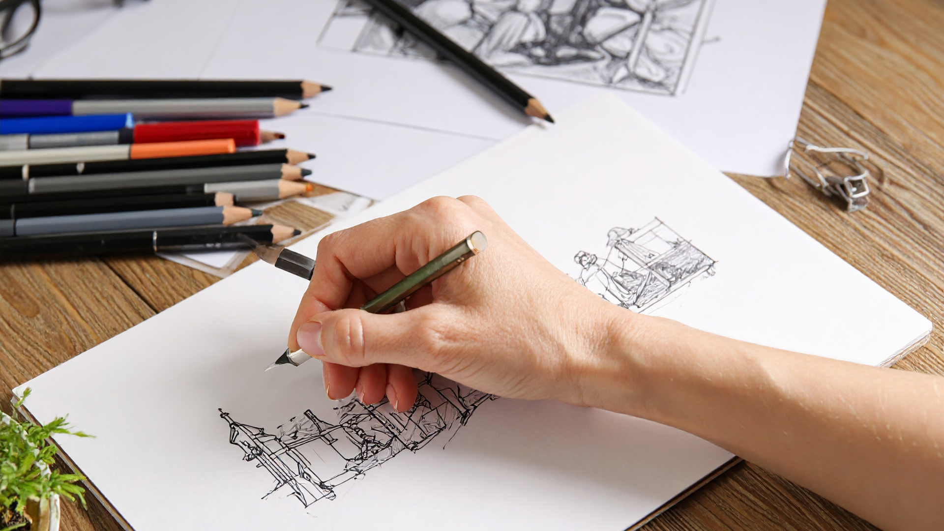 Hand sketching flashcard vocabulary memory anchors on paper