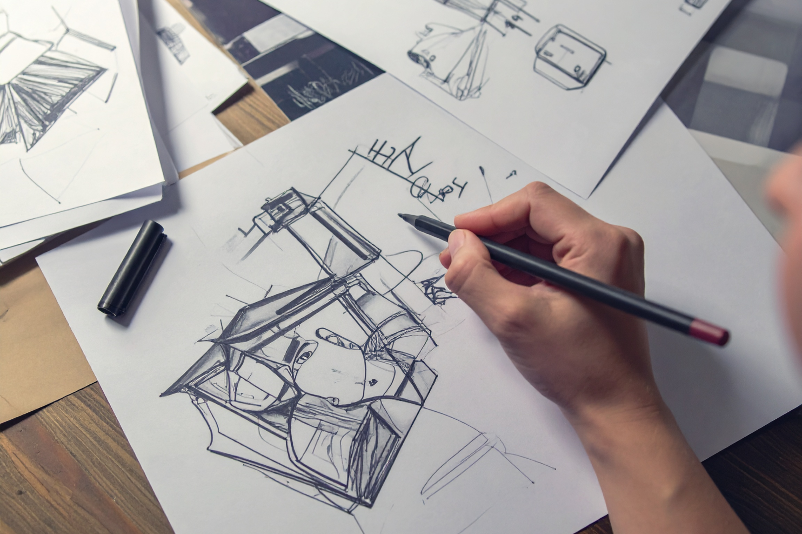 Hand sketching visual vocabulary flashcards with pen on paper