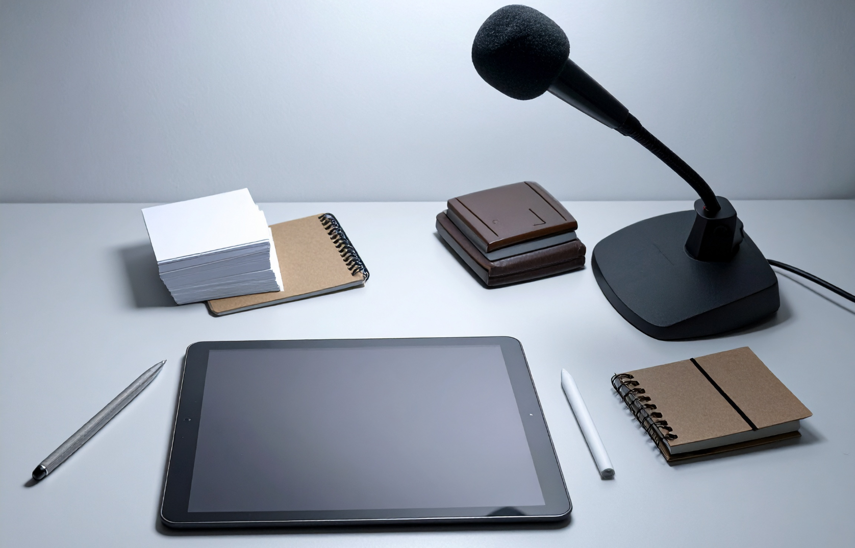 Clean minimalist study desk with tablet running Coursi audio studio, external microphone, and study notebook