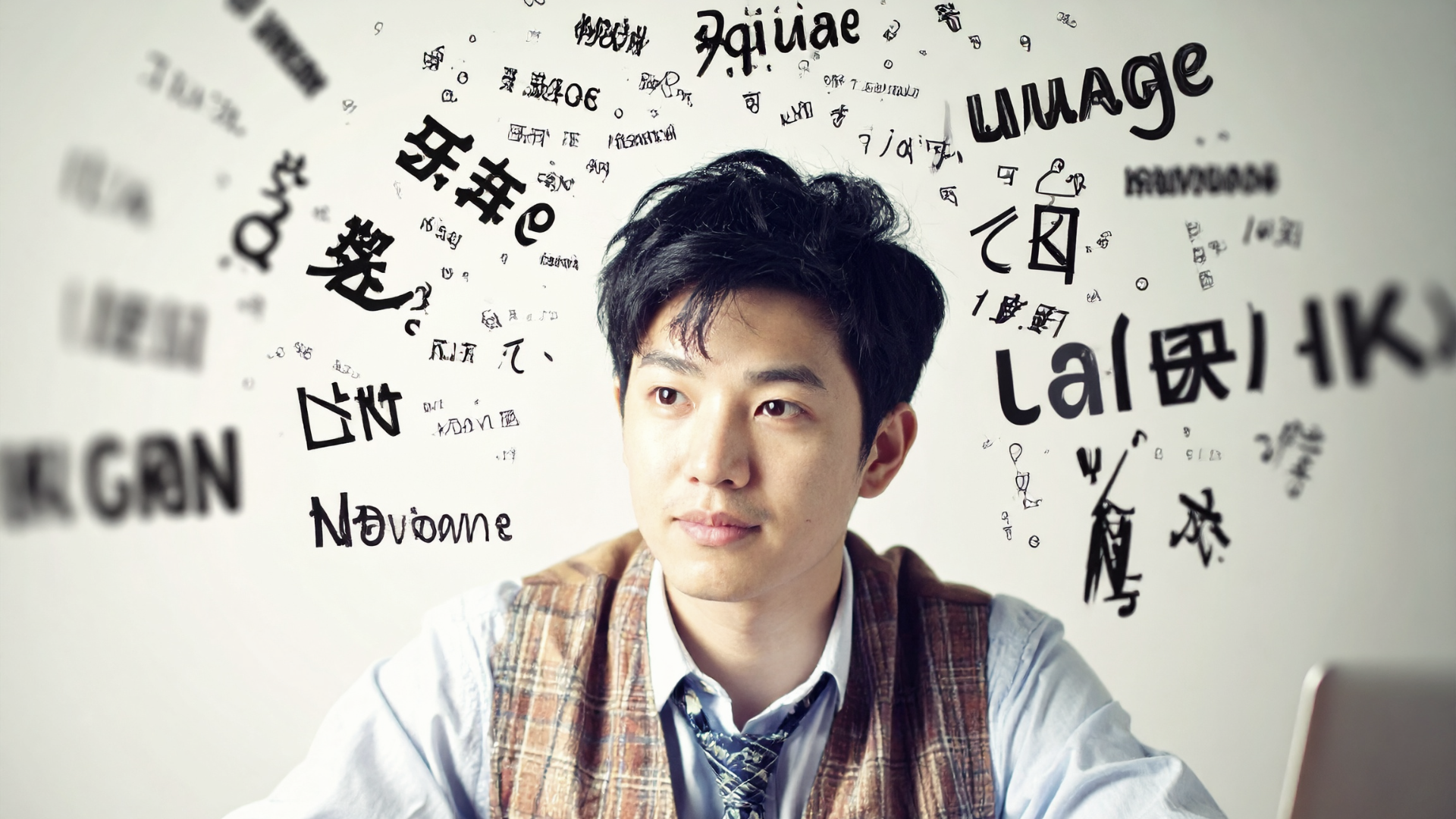 Learner surrounded by international vocabulary words in mental thought